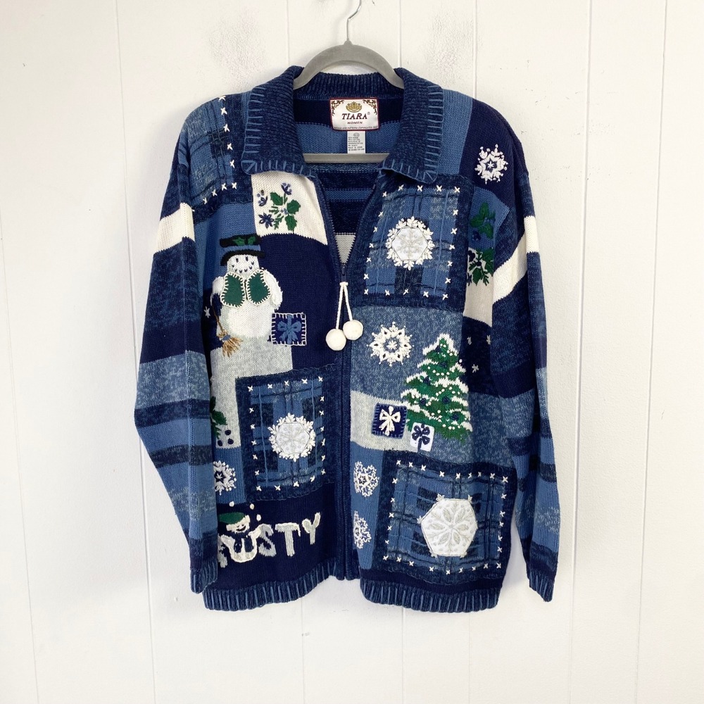 Tiara International VTG 2002 Christmas Snowman Zip Sweater Blue Women Sz 18/20